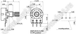 R1610N-3A1-A503-0HD5 потенциометр роторный (16мм) 50 кОм логарифмический; горизонтальный в плату, вал металлический 18 зубов, длина вала 20мм