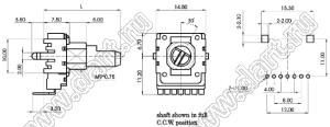 R1412G-KD1-B503 потенциометр роторный (14мм) 50 кОм линейный вертикальный в плату, вал пластиковый с лыской, длина вала 27,5мм