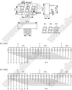 RL-T3610GDBW матрица светодиодная 3x7сегментов, 0,36", общий катод, цвет излучения зеленый (570нм), 2550мкд/сегмент; 0,36"; 3-разр.; 7-сегм.