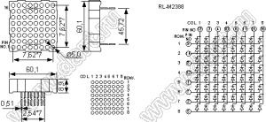 BJ2088BH матрица светодиодная точечная; 2,3"; 60,96x60,96мм; красный; общий анод; 13/3/4/10/6/11/15/16; 8x8 (точек); d точки=5,0мм; P=7,62мм; габариты 60,96x60,96x13мм