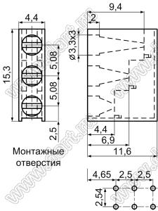 LED-330 держатель трех 3мм светодиодов на плату угловой; черный; C=3,3мм