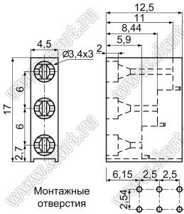 LED-331 держатель трех 3мм светодиодов на плату угловой; черный; C=3,4мм