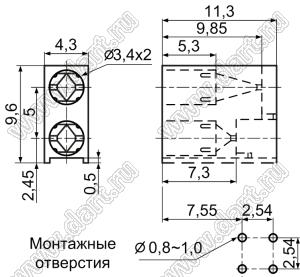 LED-323 держатель двух 3мм светодиодов на плату угловой; нейлон-66 (UL); черный; C=3,4мм