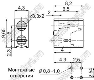 LED-322 держатель двух 3мм светодиодов на плату угловой; нейлон-66 (UL); черный; C=3,3мм