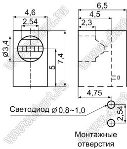 LED-301A (LED-1F) держатель 3мм светодиода на плату угловой; C=3,4мм; нейлон-66 (UL); черный