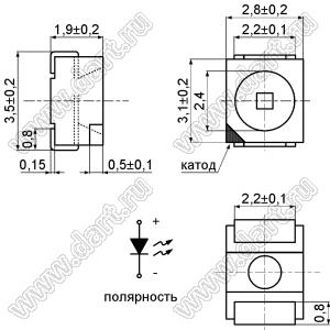 BT67-21UBGC/A16/TR8 3528 ЧИП светодиод; типоразмер PLCC 3528; изумрудно-зеленый; λD=505нм; IV=850-1100мКд; 2θ½=120°