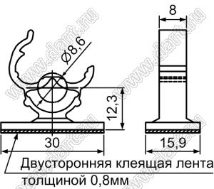 WSK-1(3M) зажим кабеля на самоклеящейся площадке; 30,0x15,9мм; нейлон-66 (UL); белый/натуральный