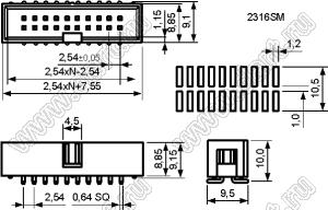 2316SM-20G (IDC-20M-SMD, BH-20SMD, DS1013-20MSX) вилка закрытая прямая на плату для поверхностного (SMD) монтажа; шаг=2,54x2,54мм; 2x10-конт.