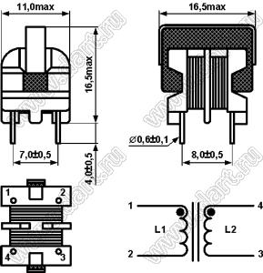 CFU1001V-10 (UU9.8-33mH) фильтр сетевой подавления ЭМП 2x33,0мГн; 0,25А; вертикальное исполнение; 2x10мГн; Iн=250мА