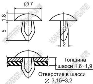 MB-4 пистон монтажный; L=5,0мм; d отв.=3,15-3,2мм; нейлон-66 (UL); натуральный