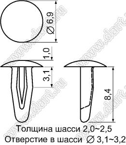 MB-6 пистон монтажный; L=8,4мм; d отв.=3,1-3,2мм; нейлон-66 (UL); натуральный