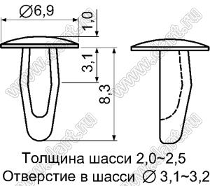 MB-7 пистон монтажный; L=8,3мм; d отв.=3,1-3,2мм; нейлон-66 (UL); натуральный