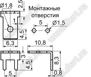 PC1L250-1A терминал ножевой 6,35мм (0,250") угловой для пайки в печатную плату; латунь луженая; 0,8мм