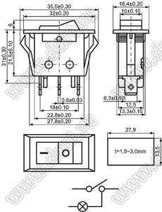 KCD3-B2C-101N11BRB переключатель клавишный ON-OFF; 32,0х16,4мм; 15A/30A 250VAC; толкатель красный/корпус черный; с подсветкой;  маркировка "O I"; терминалы 6,3x0,8мм