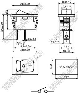 KCD1-B4-101O11CBB переключатель клавишный ON-OFF; 21,0х15,0мм; 6A 250VAC/10A 125VAC; толкатель черный/корпус черный; без подсветки;  маркировка "O I"; терминалы 4,8x0,8мм