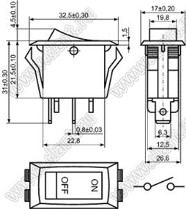 KCD3-3 переключатель клавишный ON-OFF; 32,5х17,0мм; 3A 250VAC / 6A 125 VAC
; толкатель белый/корпус белый; без подсветки;  маркировка "ON  OFF"; терминалы 6,3x0,8мм