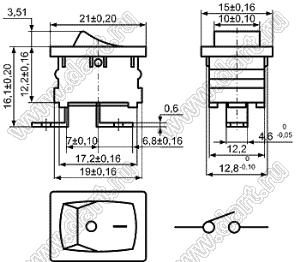 KCD1-119-101O13CBB переключатель клавишный ON-OFF; 21,0х15,0мм; 4(2)A 250VAC; толкатель черный/корпус черный; без подсветки;  маркировка "O I"; терминалы 4,8x0,6мм