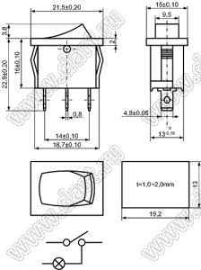 KCD1-B2-101N11RBA переключатель клавишный ON-OFF; 21,0х15,0мм; 6A 250VAC/10A 125VAC; толкатель красный/корпус черный; с подсветкой;  маркировка "O I"; терминалы 4,8x0,8мм