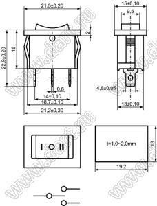 KCD1-B2-103O51BBA (R19A-32BBES) переключатель клавишный ON-OFF-ON; 21,0х15,0мм; 6A 250VAC/10A 125VAC; толкатель черный/корпус черный; без подсветки;  маркировка "I O II"; терминалы 4,8x0,8мм