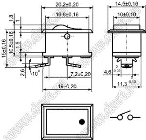 KCD1-118-101O92EBB переключатель клавишный ON-OFF; 20,2x14,5мм; 1.5A 250VAC; толкатель черный/корпус черный; без подсветки;  маркировка - точка; терминалы 4,8x0,6мм