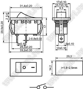 KCD6-C-101O11WW переключатель клавишный ON-OFF; 31,4х17,0мм; 3A 250VAC/5A 125VAC; толкатель белый/корпус белый; без подсветки;  маркировка "O I"; терминалы 4,8x0,8мм