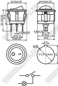 KCD1-106-101L11RBA-24V переключатель клавишный ON-OFF; D=23,0мм; 6A 250VAC/10A 125VAC; толкатель красный/корпус черный; с подсветкой 24В;  маркировка "O I"; терминалы 4,8x0,8мм