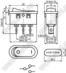 KCD1-107-102O11BB переключатель клавишный ON-ON; 12,8x28,0мм; 6A 250VAC/10A 125VAC; толкатель черный/корпус черный; без подсветки;  маркировка "ON  OFF"; терминалы 4,8x0,8мм