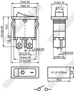 KCD1-110-101O11BBA (R6) переключатель клавишный ON-OFF; 21,0x9,5мм; 6A 250V AC; толкатель черный/корпус черный; без подсветки;  маркировка "O I"; терминалы 4,8x0,8мм