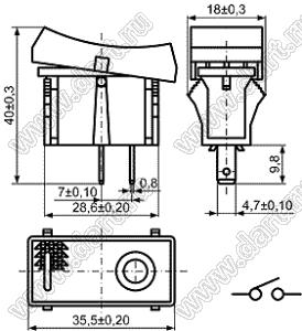 KCD16-101O41WB переключатель клавишный ON-OFF; 35,5х18,0мм; 3A 220VAC; толкатель белый/корпус черный; без подсветки;  маркировка "O I"; терминалы 4,7x0,8мм