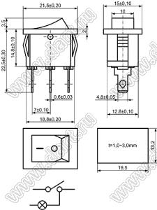 KCD1-B-101N12RB переключатель клавишный ON-OFF; 21,5х15,0мм; 6A 250VAC/10A 125VAC; толкатель красный/корпус черный; с подсветкой;  маркировка "O I"; терминалы 4,8x0,8мм