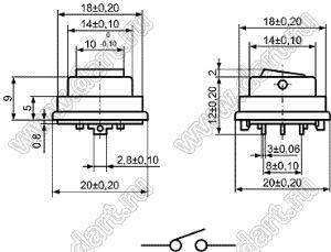 KCD1-116-101O81GG переключатель клавишный ON-OFF; 18,0x18,0мм; 3A 250VAC; толкатель серый/корпус серый; без подсветки;  маркировка - нет; терминалы 2,8x0,6мм