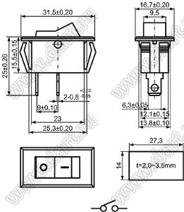 KCD6-A-101O11BRB переключатель клавишный ON-OFF; 31,5х16,7мм; 6A/250VAC/10A 125VAC; толкатель красный/корпус черный; без подсветки;  маркировка "O I"; терминалы 6,3x0,8мм