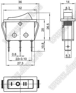 KCD3-JK-103O51RB переключатель клавишный ON-OFF-ON; 32,0х14,0мм; 10A 250VAC/15A 125VAC; толкатель красный/корпус черный; без подсветки;  маркировка "I O II"; терминалы 6,3x0,8мм