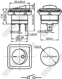 KCD1-108-101O12WWA переключатель клавишный ON-OFF; 23,4x23,4мм; 6A 250VAC/10A 125VAC; толкатель белый/корпус белый; без подсветки;  маркировка "O I"; терминалы 4,8x0,8мм