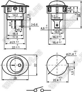 KCD1-106B-101O13GGA переключатель клавишный ON-OFF; 22,0x28,0мм; 6A 250VAC/10A 125VAC; толкатель серый/корпус серый; без подсветки;  маркировка "O I"; терминалы 4,8x0,8мм