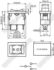 KCD1-B3B-103O51BB переключатель клавишный ON-OFF-ON; 21,0х15,0мм; 6A 250VAC/10A 125VAC; толкатель черный/корпус черный; без подсветки;  маркировка "I O II"; терминалы 4,8x0,8мм