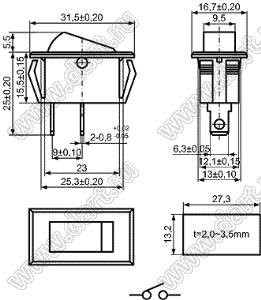 KCD6-B-101O82AWB переключатель клавишный ON-OFF; 31,5х16,7мм; 6A/250VAC/10A 125VAC; толкатель белый/корпус черный; без подсветки;  маркировка - нет; терминалы 6,3x0,8мм