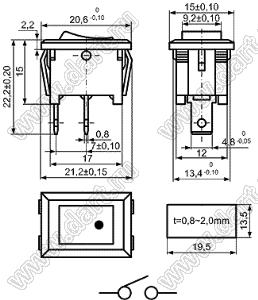 KCD1-109-101O31NW переключатель клавишный ON-OFF; 20,6x15,0мм; 2/8A 250V AC; толкатель коричневый/корпус белый; без подсветки;  маркировка - точка; терминалы 4,8x0,8мм