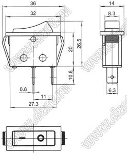 KCD3-JK-101O11BB переключатель клавишный ON-OFF; 36,0х14,0мм; 10A 250VAC/15A 125VAC; толкатель черный/корпус черный; без подсветки;  маркировка "O I"; терминалы 6,3x0,8мм