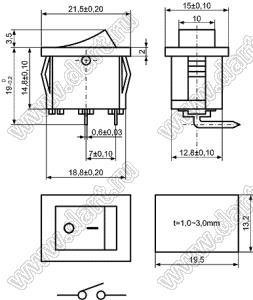 KCD1-B-101O14BB переключатель клавишный ON-OFF; 21,5х15,0мм; 6A 250VAC/10A 125VAC; толкатель черный/корпус черный; без подсветки;  маркировка "O I"; терминалы PC угловые