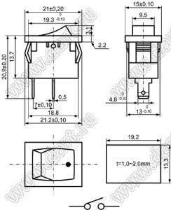 KCD1-B3Z-101O33BB переключатель клавишный ON-OFF; 21,0х15,0мм; 6A 250VAC/10A 125VAC; толкатель черный/корпус черный; без подсветки;  маркировка "O I"; терминалы 4,8x0,8мм