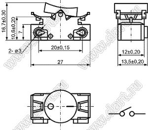 KCD1-117-101O11BB переключатель клавишный ON-OFF; 27,0x13,5мм; 3A 250VAC; толкатель черный/корпус черный; без подсветки;  маркировка "O I"; терминалы под винт на проводмм