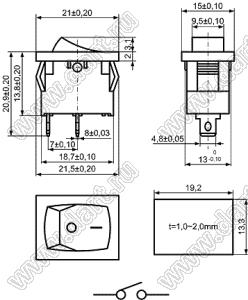 KCD1-B3B-101O11BB переключатель клавишный ON-OFF; 21,0х15,0мм; 6A 250VAC/10A 125VAC; толкатель черный/корпус черный; без подсветки;  маркировка "O I"; терминалы 4,8x0,8мм