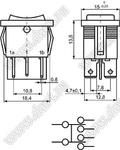 KCD1-C2-203O82BB переключатель клавишный ON-OFF-ON; 18,4х15,0мм; 6A 250VAC/10A 125VAC; толкатель черный/корпус черный; без подсветки;  маркировка - нет; терминалы 4,8x0,8мм