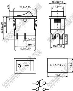 KCD1-C1-201O11BB переключатель клавишный ON-OFF; 21,2х15,3мм; 6A 250VAC/10A 125VAC; толкатель черный/корпус черный; без подсветки;  маркировка "O I"; терминалы 2,8x0,6мм