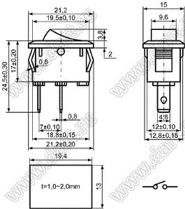 KCD1-A1-101O11RW переключатель клавишный ON-OFF; 21,0х15,0мм; 6A 250VAC/10A 125VAC; толкатель красный/корпус белый; без подсветки;  маркировка "O I"; терминалы 4,8x0,8мм