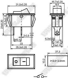 KCD6-B-101O11BBB переключатель клавишный ON-OFF; 31,5х16,7мм; 6A/250VAC/10A 125VAC; толкатель красный/корпус черный; без подсветки;  маркировка "O I"; терминалы 6,3x0,8мм