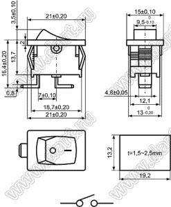 KCD1-B4Z-101O13CBB переключатель клавишный ON-OFF; 21,0х15,0мм; 6A 250VAC/10A 125VAC; толкатель черный/корпус черный; без подсветки;  маркировка "O I"; терминалы 4,8x0,8мм