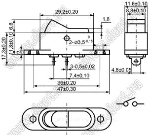 KCD7-A-101O81BB переключатель клавишный ON-OFF; 47,05х11,6мм; 2A/8A 250VAC; толкатель черный/корпус черный; без подсветки;  маркировка - нет; терминалы 4,8x0,5мм