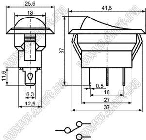 KCD13-A-101N81YB переключатель клавишный ON-OFF; 41,6х25,6мм; 3A 250VAC/6A 125VAC; толкатель желтый/корпус черный; с подсветкой;  маркировка "O I"; терминалы прямоймм